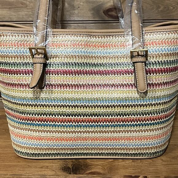 Style & Co Women’s Woven Straw Shoulder Bag NWT Spring Colors Faux Leather Trim - Picture 5 of 15